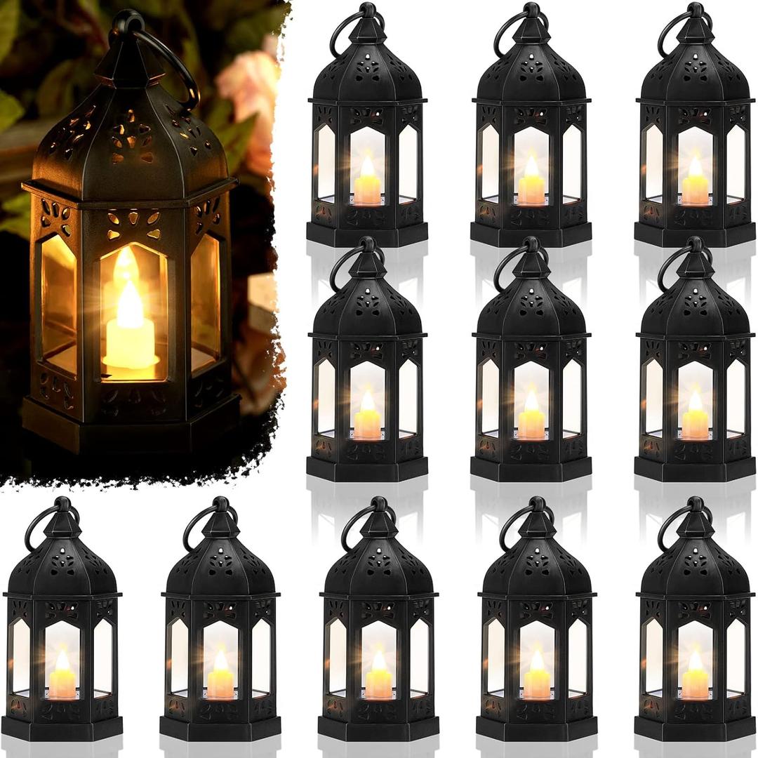 12 Pieces Mini Lanterns with Flickering LED Candle, Batteries Included, Decorative Hanging Candle Lantern for Indoor Use, Wedding, Party, Table Centerpiece (Black, )