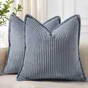 decorUhome Spring Corduroy Blue Grey Throw Pillow Covers 18x18 Set of 2 Decorative Soft Boho Farmhouse Couch Pillow Covers for Living Room Bed Sofa Broadside Striped Pillow Cases