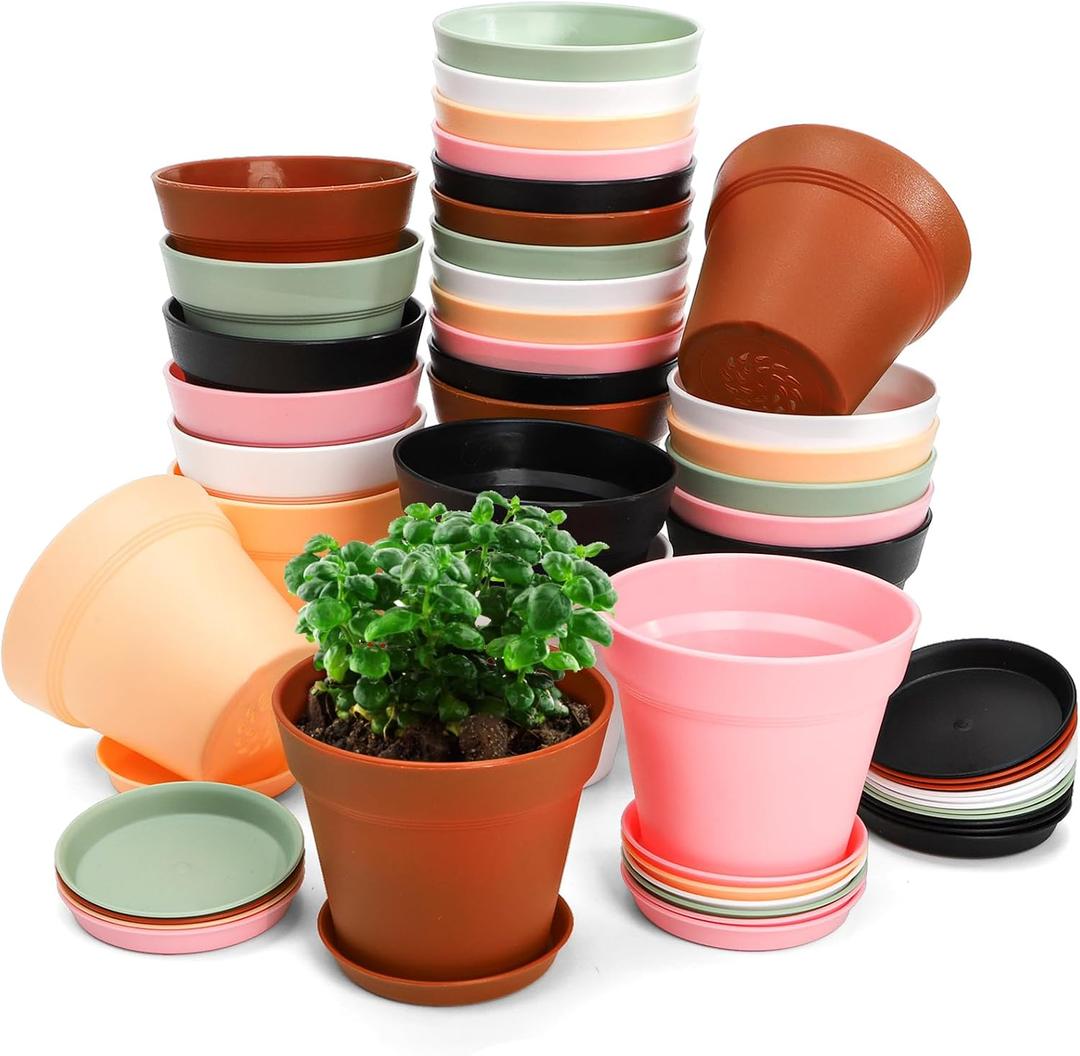Frcctre 30 Pack 4 Inch Plastic Planter Pots, Small Flower Pots Seedlings Nursery Pots with Drainage Hole and Saucers for Indoor Outdoor Plants Flowers Herbs Succulents, 6 Colors