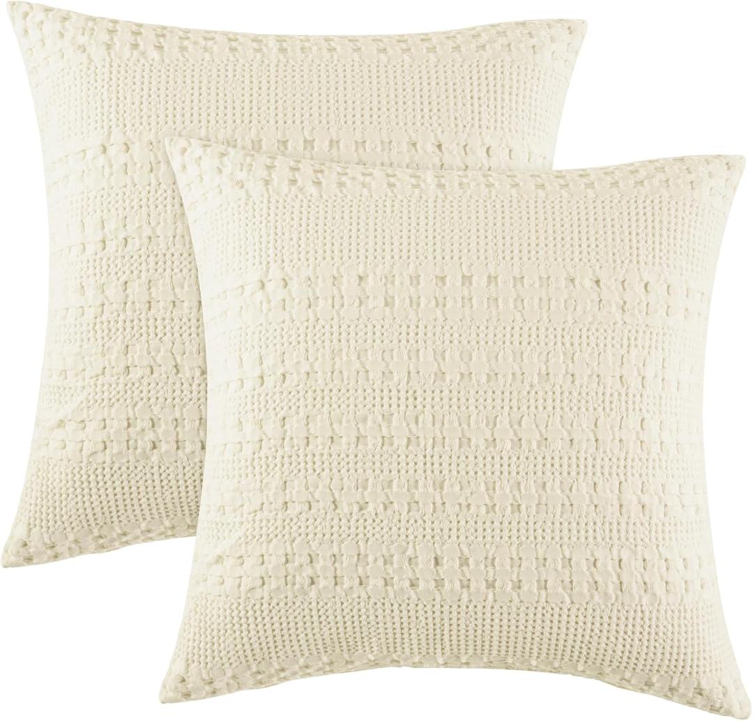 PHF 100% Cotton Waffle Weave Pillow Covers 24" x 24", 2 Pack Luxury Square Shell for Elegant Home Decor, No Filling, Luxury Aesthetic Soft Pillow Covers for Bed, Cannoli Cream