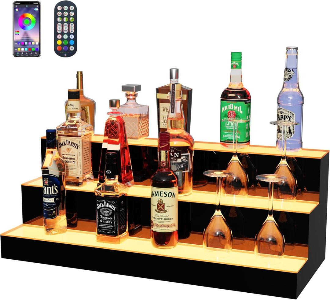MESAlLUP 30 Inch 3 Tier Lighted Liquor Bottle Display Shelf, LED Bar Shelves with APP or Remote Control, Mulit Color Lighting for Home Mini Bars Decor, Restaurants & Party Use, Acrylic Stand