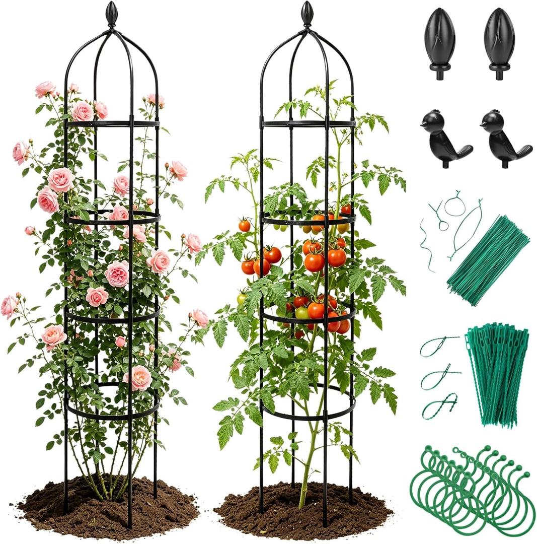 2 Pack Obelisk Trellis for Climbing Plants Outdoor - Heavy Duty Plastic Coated Steel Garden Arch Metal Trellis - Rustproof Tomato Cage Vertical Plant Support for Vines Vegetable Flower Indoor