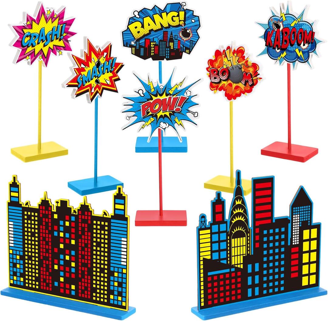 Geelin 8 Pcs Hero Theme Party Decorations Hero Wooden Tabletop Signs Freestanding Wooden Table Signs Table Topper Decors for Birthday Party Baby Shower Decor Supplies