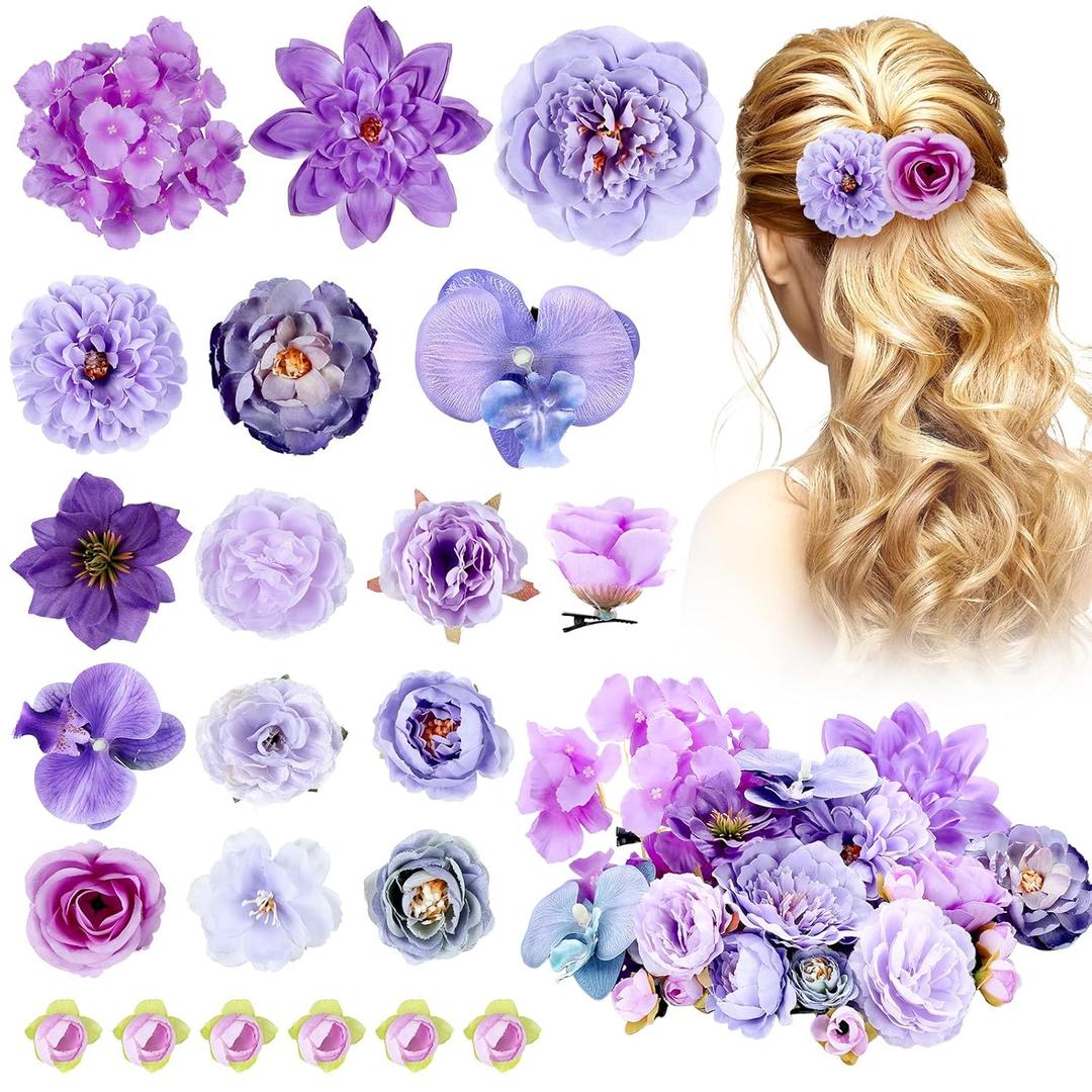 BBTO 21 Pcs Flower Hair Clip Rose Hair Clips Barrettes for Women Flower Accessories Boho Bride Claw Clip Hairpin Brooch Pin Headpiece for Wedding (Purple Series)