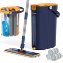 Mop and Bucket Set with Wringer, 3-Tank Flat Mop and Bucket System, Wall Mop Cleaner with Long Handle, Hands Free Mops for Floor Cleaning with 4 Microfiber Pads