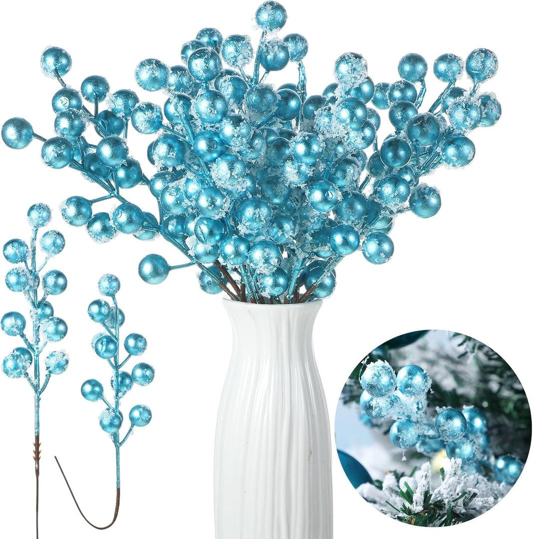 Censen 36 Packs Artificial Berry Stems 8 Inch Snow Frosted Christmas Fake Spray Picks Holly Berry Branches for Christmas Tree Wreath DIY Crafts Holiday Ornaments Home Decor (Blue)