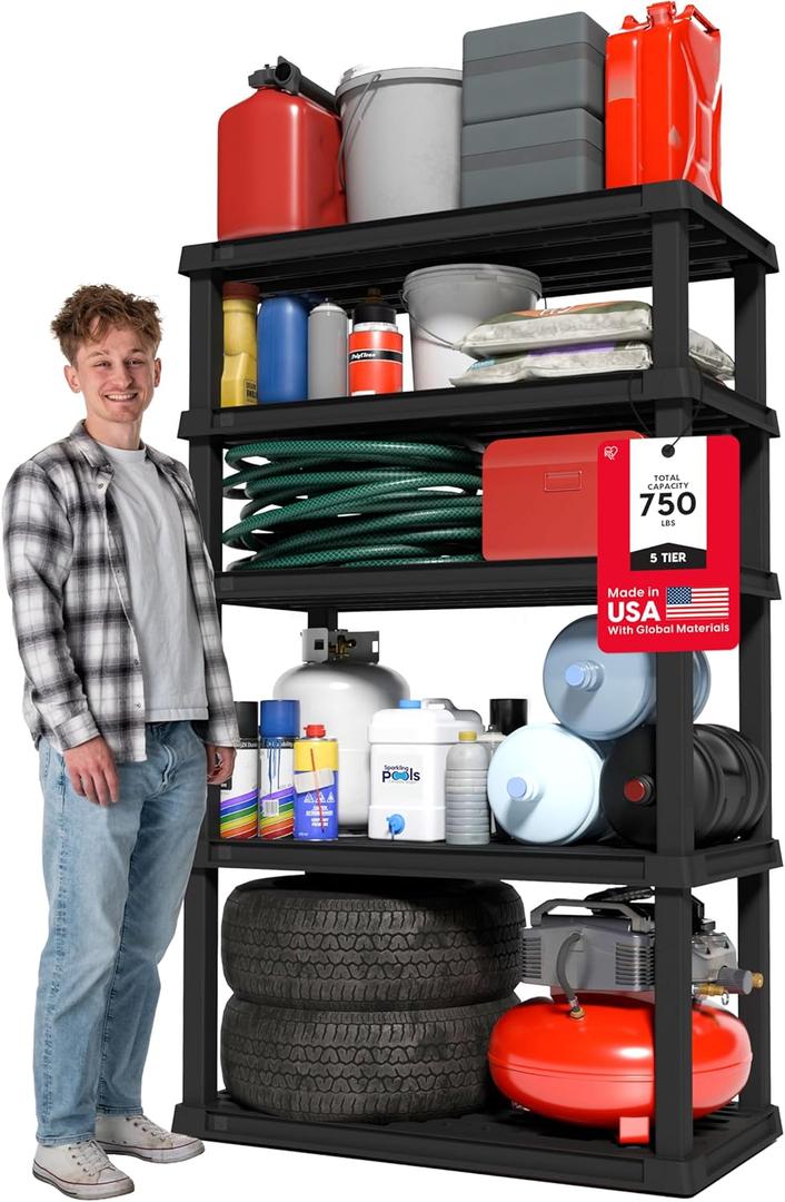IRIS USA 5-Shelf Heavy Duty Plastic Storage Shelves, 750lb Capacity, 68" H x 36" W x 18" D, Large Modular Shelving Unit Storage Organizer for Garage, Home, Warehouse & Gym, Storage Rack - Black
