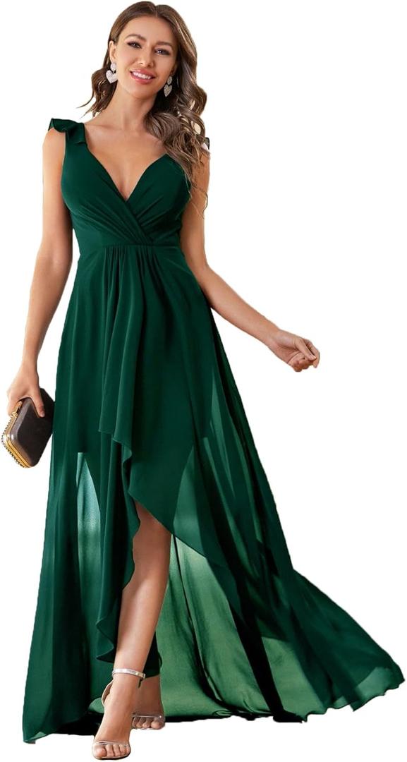 Women's Elegant V Neck Pleat Sleeveless Chiffon Ruffled Straps High-Low Hem Party Maxi Formal Dress (Medium, Dark Green)