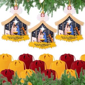 12 Sets Christmas Nativity Scene Ornaments with Velvet Bags Wooden Religious Christmas Ornaments for Christmas Tree Christian Gifts Religious Gifts Jesus Ornaments