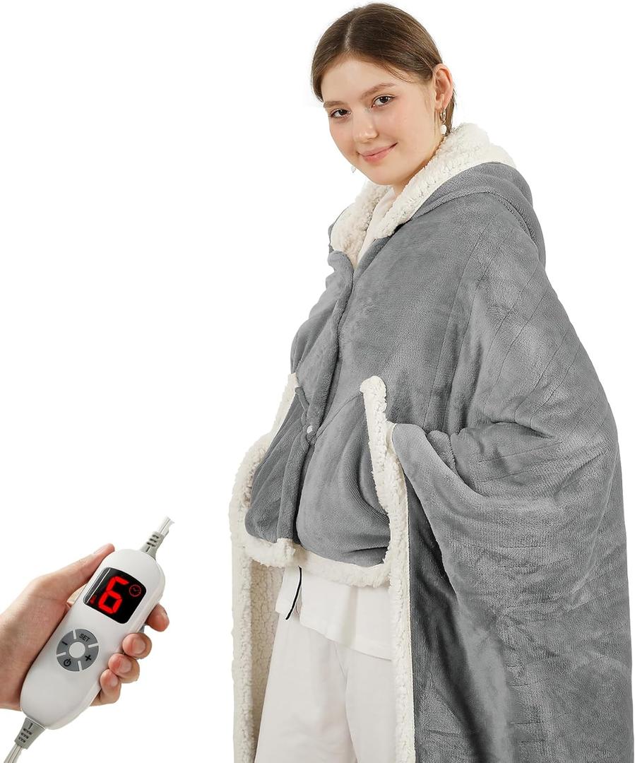 COZYTY Heated Blanket Wearable Shawl - Electric Wrap Poncho Heated Throw Blanket with Hand Pockets, 50 * 64", 6 Heating Levels & 1-4H Timer, Ideal for Family, Light Grey