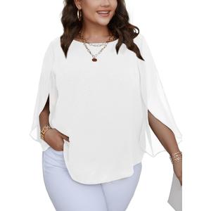 SCOMCHIC Plus Size Blouses for Women Summer Chiffon 3/4 Sleeve Tunic Tops Dressy Scoop Neck Casual Loose Flowy Shirts (X-Large Plus, White)