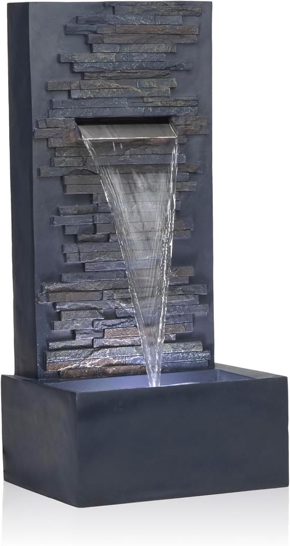 Alpine Corporation 32" Cascading Stone Wall Fountain with LED Lights  Outdoor Water Feature for Garden, Patio, Backyard & Home Decor, Gray