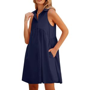 DEEP SELF Women Summer Collared Shirt Dress Casual Loose Button Down Short Dress V Neck Tunic Mini Dress with Pockets (M, Dark Blue)