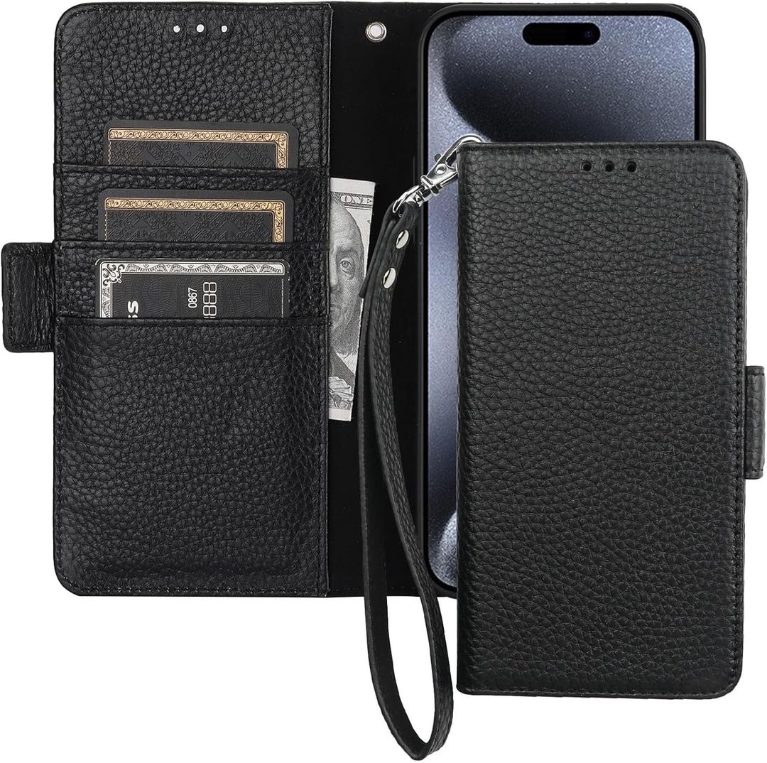 Bocasal Wallet Case for iPhone 15 Pro Max 5G, Genuine Leather Support Wireless Charging RFID Blocking Flip Case Card Slots Holder, Kickstand Book Folding Folio Cover with Wrist Strap 6.7 Inch (Black)