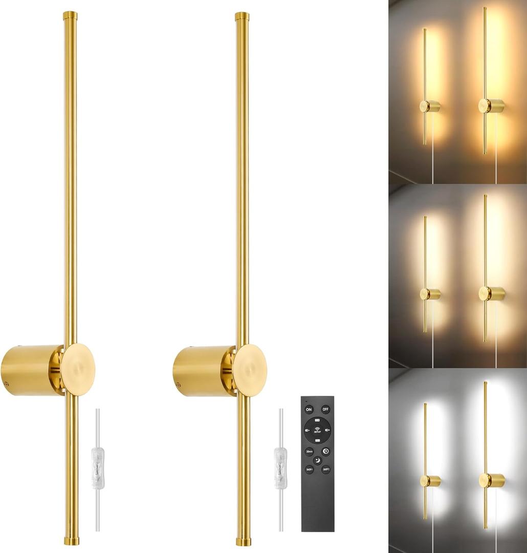 Wall Sconces Set of Two with Remote, Stepless Colors 3000K-6500K & Stepless Dimming, Hardwire or Plug-in, 180 Rotate, LED Gold Plug in Wall Sconces with Timer & Night Light, 23.6 Inches (Gold, Stepless Color Temperature: 3000K-6500K)