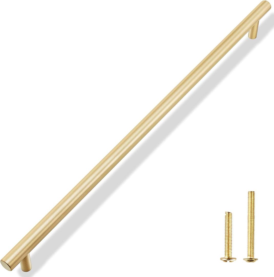QOGRISUN 1-Pack Solid Brass Cabinet Pulls, Gold Long Drawer Handles, 18 Inch Hole Center for Large Kitchen Cabinets, Cupboard, Dresser, Wardrobe Closet Door, BrushecBrass Finish
