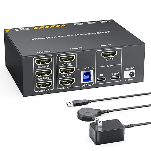 KVM Switch 3 Monitors for 1 Laptop and 1 Desktop 4K@60Hz, USB C HDMI Three Monitor KVM Switch,Docking Station KVM Switches with 4 USB 3.0 Port, 87W PD Charging