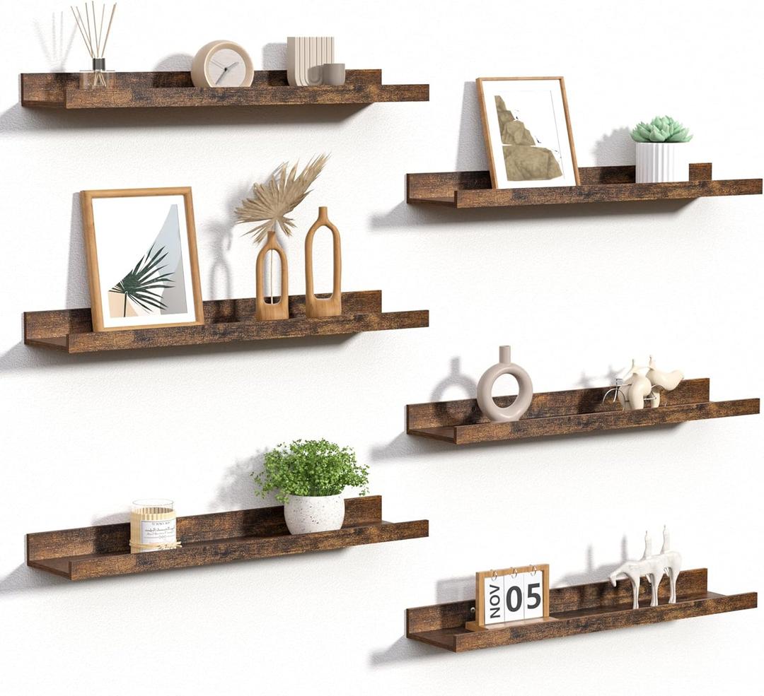 upsimples Floating Shelves for Wall, Wall Shelves for Decor Storage Set of 6, Wall Mounted Wood Shelves for Bedroom, Living Room, Bathroom, Kitchen, 23.6 inch Long Picture Ledge Shelves, Brown (23.6in, Brown)