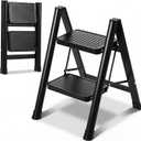 2 Step Ladder Lightweight Portable Folding Step Stool with Anti-Slip Wide Pedal 330lbs Capacity Carbon Steel Ladder for Household,Office,Library (Black)