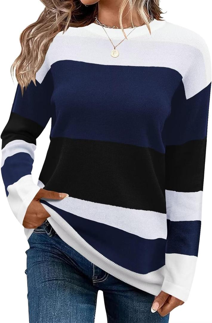FEKOAFE Women's 2025 Cute Striped Sweaters Crew Neck Long Sleeve Pullover Sweaters for Women (XX-Large, Bc Dark Blue)