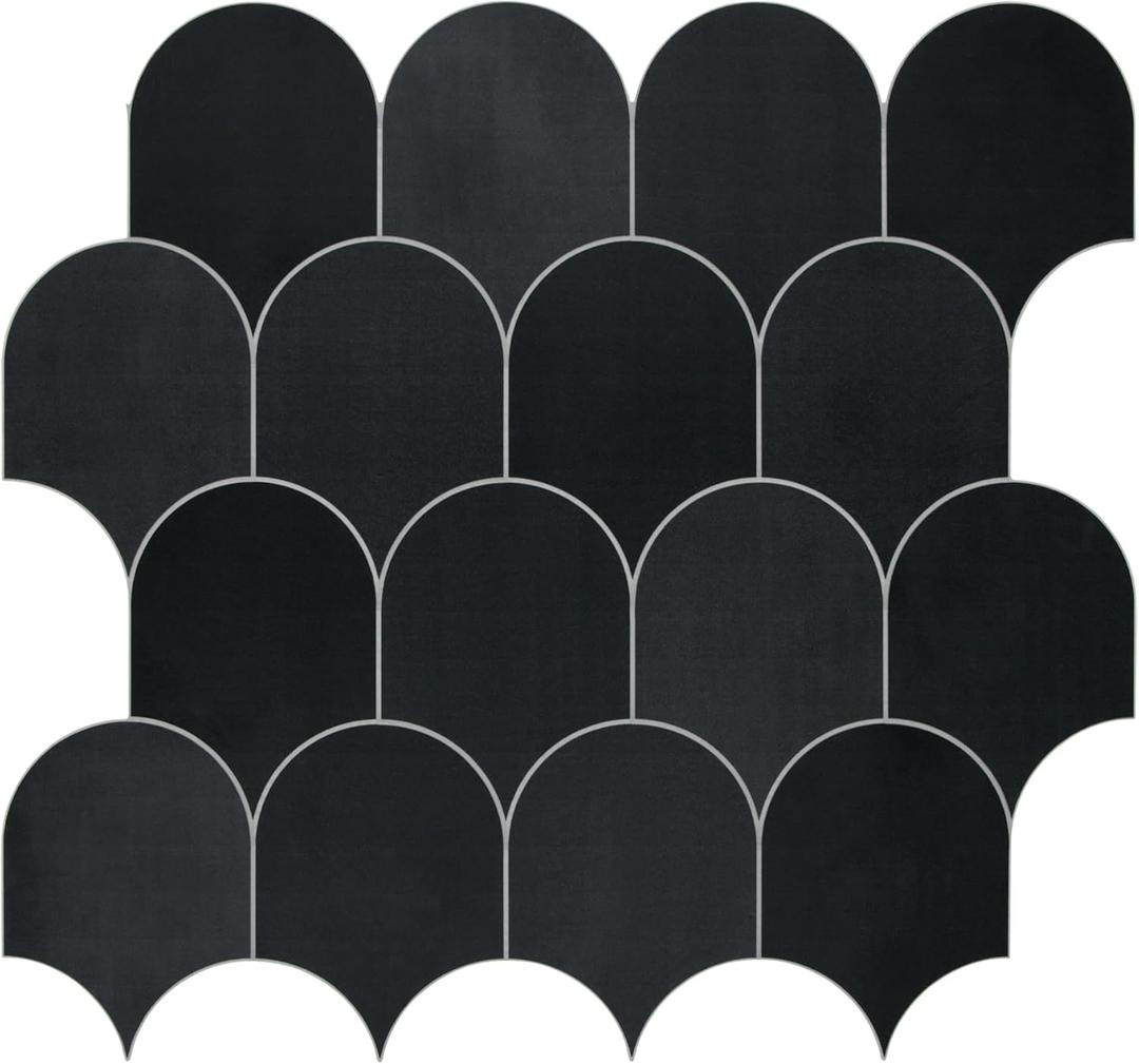 SUNWINGS Fish Scale Peel and Stick Backsplash Tile 11.4''x10.9 3D Scallop Handmade Looks Self Adhesive Wall Tiles for Kitchen Bathroom, Black 10-Sheet