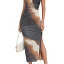LUNAMODA Women's 2025 Summer Mesh Bodycon Maxi Dresses Floral Tie Dye Sleeveless Side Slit Wedding Cocktail Long Dress Chocolate Tie Dye, XX-Large