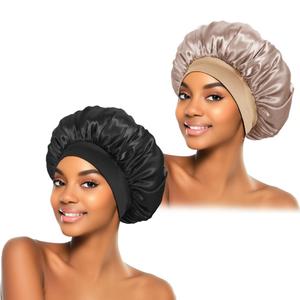 2Pcs Silk Bonnet for Sleeping, Satin Hair Bonnets, Soft Elastic Band Silk Sleep Cap, Hair Wrap for Women (Black Gold)