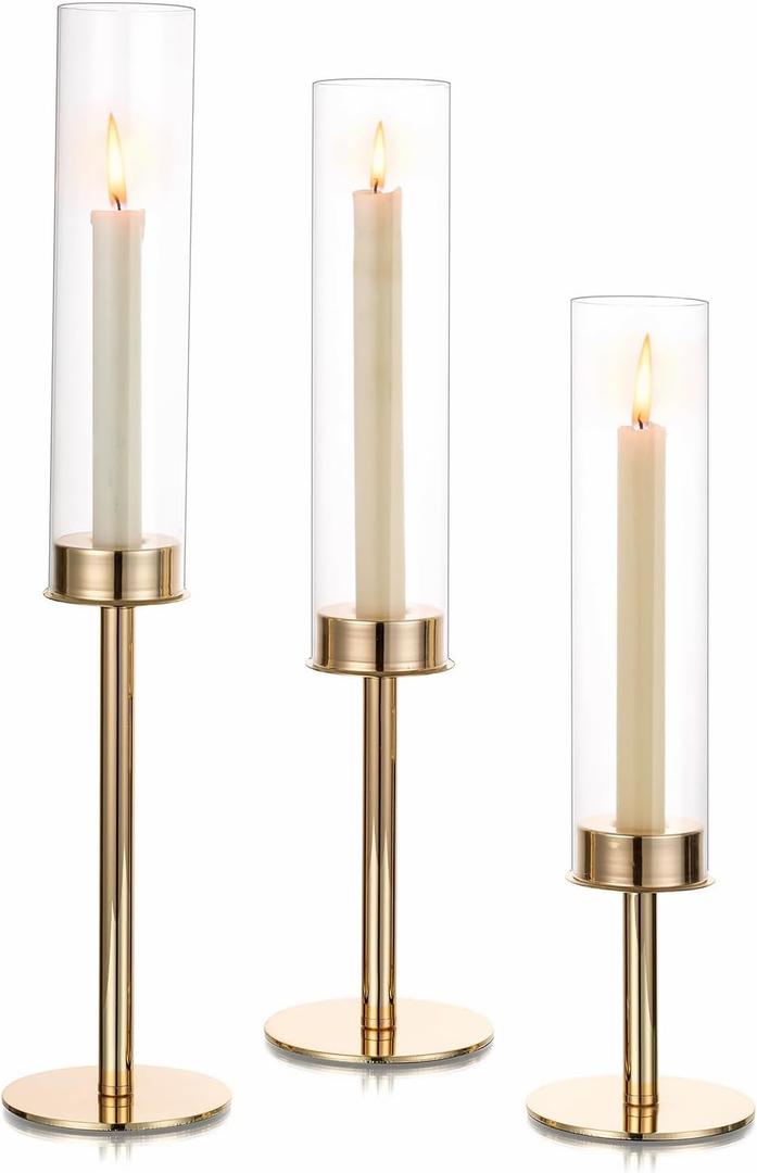 Hewory Gold Candle Holders Hurricane Candlestick Holders, 3Pcs Candle Stick Candle Holder Candelabra, Taper Candle Holders with Glass Candle Cover for Wedding Table Centerpiece Christmas Decor