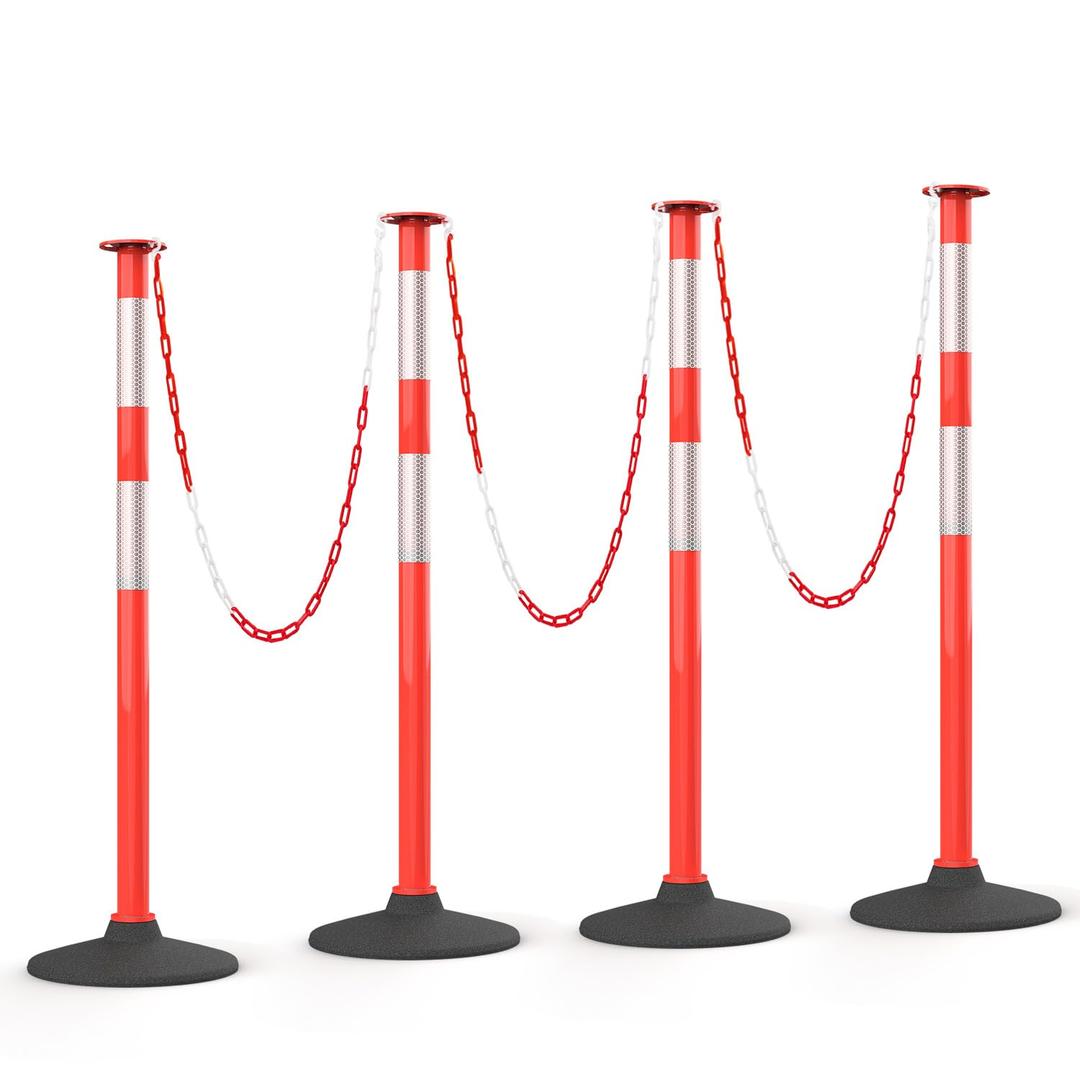 HiGiant 4 Pack 34 Inches Traffic Delineator Posts with Weighted Rubber Base, Portable Orange Safety Posts Cones with Reflective Collars and 15 Ft Plastic Chains for Parking Lot, Construction Work