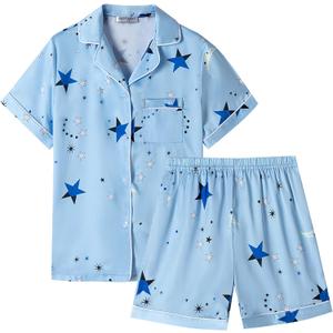 Veseacky Satin Pajama Sets for Girls Silk Button Down PJ Set Silk Sleepwear Birthday Pajamas Gift (Blue Star,size 10)