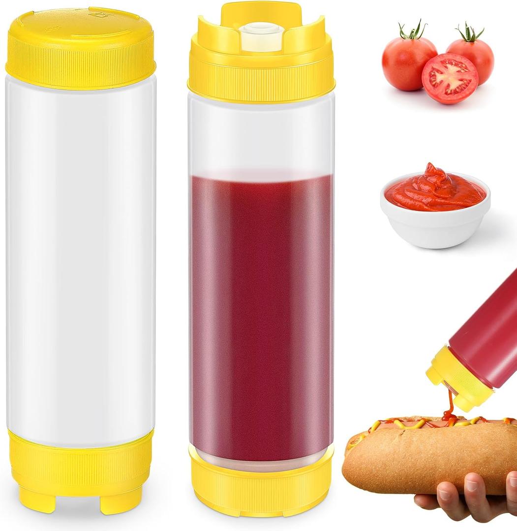 2 Pcs 20 oz Inverted Plastic Squeeze Bottles, Refillable Tip Large Valve Dispenser Condiment Squeeze Bottle for Sauces Ketchup Sour Cream Self Sealing Syrup Dispenser for Restaurants (Yellow)