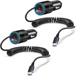 2-Pack 38W Car Charger USB C for iPhone 16 Pro Max Plus, Dual-Port USB-C+USB-A Cigarette Lighter Adapter Fast Charging Phone Plug with 4FT Type C Coiled Cable for iPhone 17/16e/15/S25/S24, Pixel