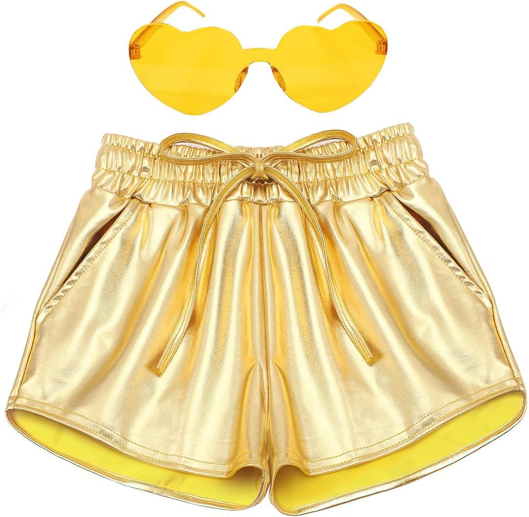 Girls Metallic Shorts Shiny Hot Pants for Dance Gymnastics Sparkly Shorts with Sunglasses (Small, Gold)