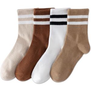 YUWELL Womens Striped Crew Socks, Cotton Cozy Casual Socks for Women 4 Pairs, Size 5-10 (4pairs-white Coffee Brown Beige)