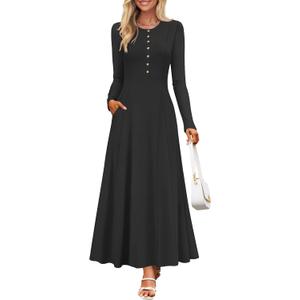 ZESICA Women's Elegant Maxi Dresses 2026 Fall Long Sleeve Button Casual A Line Boho Flowy Dress with Pockets (M)