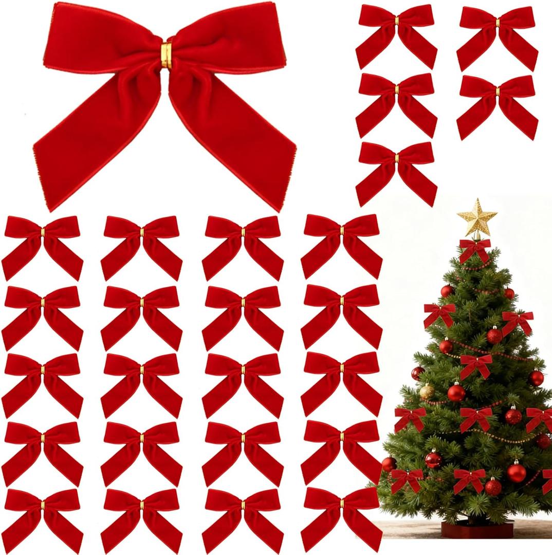 26 Pcs Red Small Velvet Bows Decorations Vintage Christmas Ornaments for Christmas Tree Gift Wrapping Wreath Table Fireplace Garland and Xmas Party