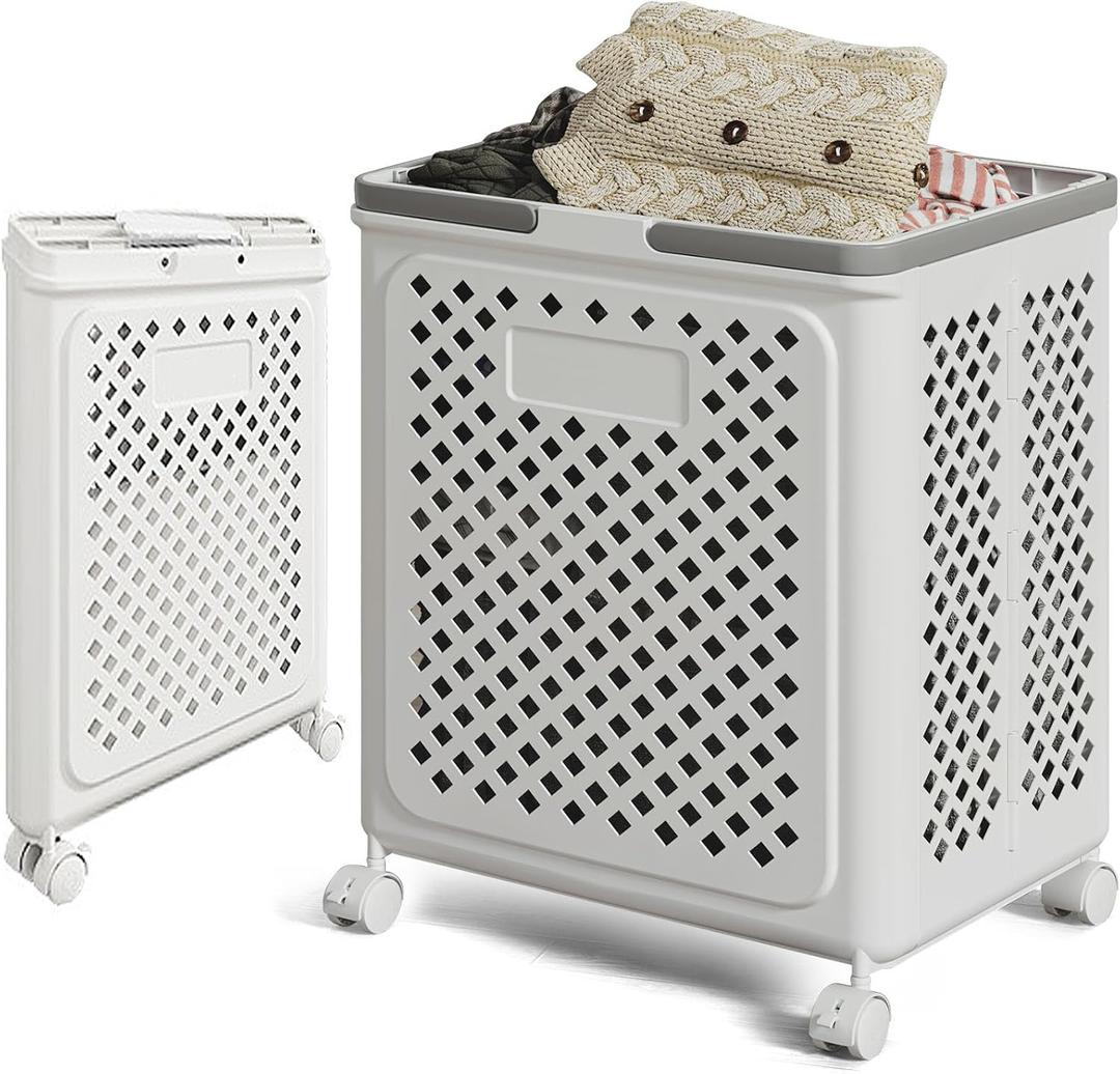 50L foldable storage basket, small plastic laundry basket with wheels and handles, space-saving rolling basket, small square laundry basket.