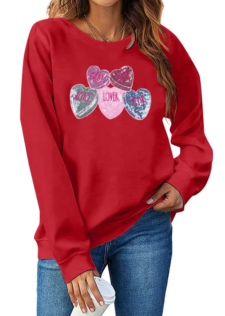 FAYALEQ Valentines Sweatshirt Women Love Heart Graphic Long Sleeve Shirt Cute Valentine's Day Pullover Top Large Red