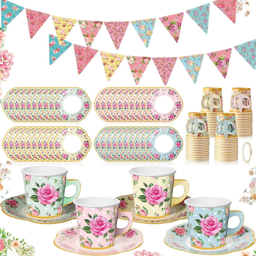 Umigy 98 Pcs Mother's Day Tea Party Decorations 26 ft Floral Paper Bunting 6.5 oz Floral Paper Tea Cups with Plates Disposable Teacups and Saucers Sets for Girls Women Birthday Party Supplies(Classic)