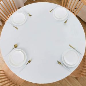 LIBERECOO Round Vinyl Fitted Tablecloth with Flannel Backing Elastic Edge Table Cover Waterproof Stain-Resistant Wipeable Tablcloths Fits Round Tables (White)