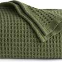 Bedsure Gentlesoft 100% Cotton Throw Blanket for Couch 50x70 inches - Cooling Breathable and Soft for Summer, Waffle Weave Throw Blanket for Office, Olive Green