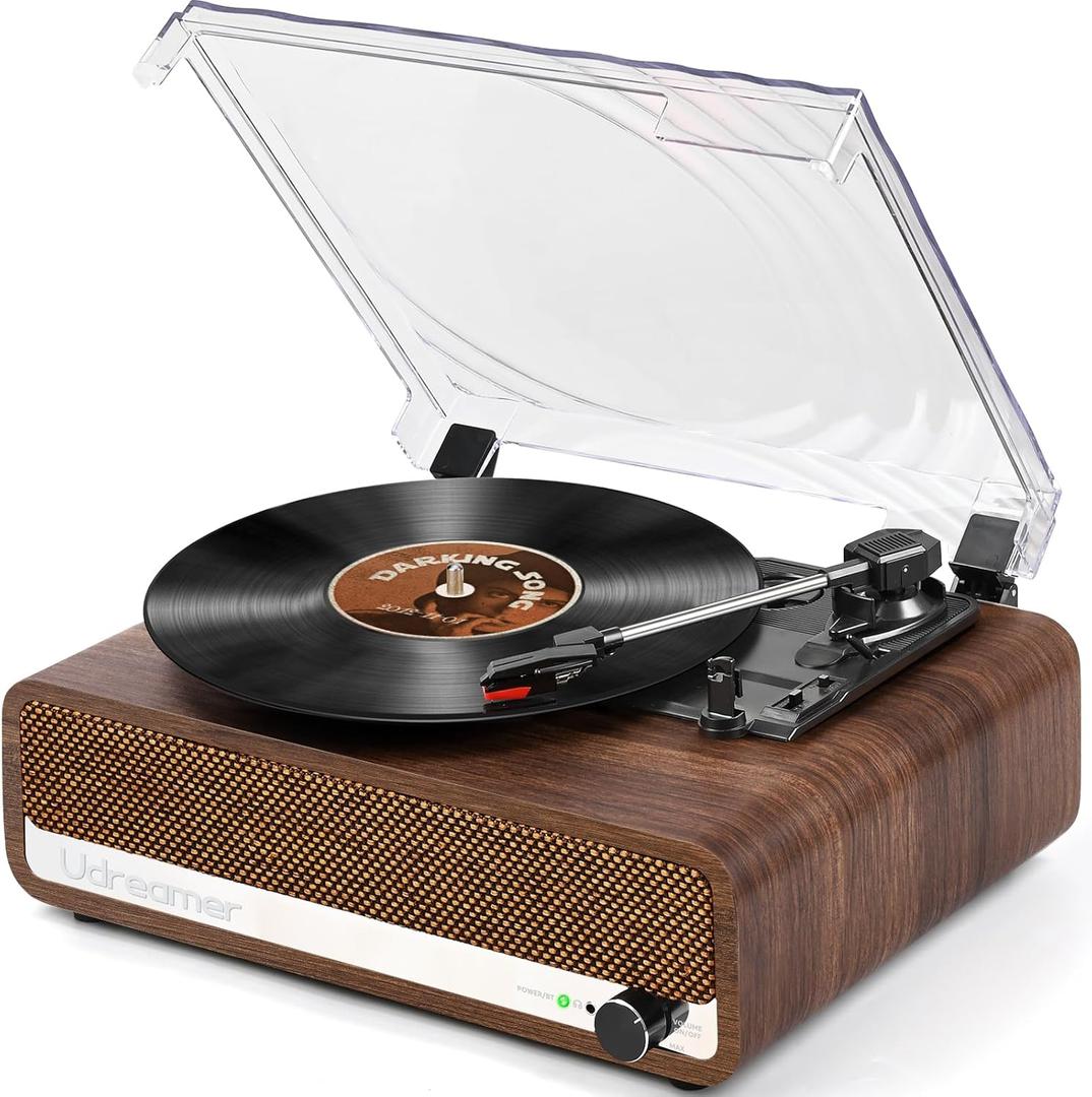 Vinyl Record Player with Speakers,3 Speed Turntable with Bluetooth, Aux, Headphone Jack, RCA Output and Auto Stop,Mirror Vintage Wooden Walnut