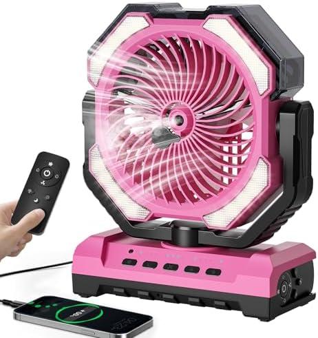 covozon 20000mAh Portable Misting Fan, USB Rechargeable Camping Fan with LED Light, Personal Battery Operated for Outdoor, Tents, Beach, Travel - 250mL Water Tank & Hook Included, Pink.