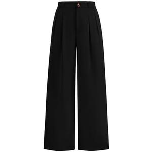 KIRUNDO Wide Leg Dress Pants for Women High Waisted Office Work Trousers Business Casual Slacks Button Flowy Palazzo Pant Size L