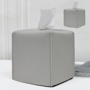 HOMOTEK 2 Pack Tissue Box Cover, Square PU Leather Tissue Holder, Decorative Facial Tissue Cube Paper Organizer Dispenser for Bathroom, Night Stands, Desk, Car 5X5X5'' - Light Gray, Pebble Grain