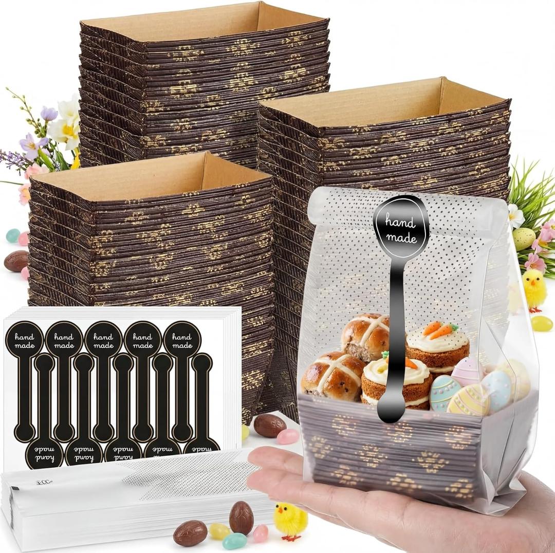 120 Pcs Mini Loaf Pans Disposable Set 3.1x1.5 Inch Paper Pans Rectangle Mold with Plastic Bags and Stickers Easter Spring Baking Picnic Camping Party Supplies for Bread, Meatloaf, Wedding Return Gift