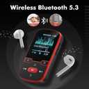 64GB MP3 Player Bluetooth 5.3 with Clip, HiFi Sport Music Player, 1.5 Inch Screen MP3 Player for Kids with Physical Buttons, FM Radio/Pedometer/Voice Recorder, Weighs Only 28g, TF Card Up to 128G(Red)