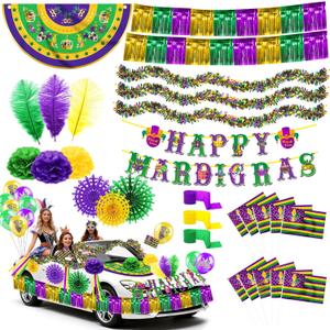 HOWAF 42pcs Mardi Gras Float Parade Car Decorations Kit, Purple Green Gold Mardi Gras Party Bicycle Decoration Bulk- Fan Flags Balloons Foil Curtain Tinsel Garlands Paper Fans Poms Feather