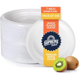 White Disposable Plastic Plates [Set of 200 | 7-inch Plates] Elegant Party Dinner Plates- Microwave Safe Plastic Dish Set- Sturdy Rimmed For Weddings, Parties, Kitchen Use