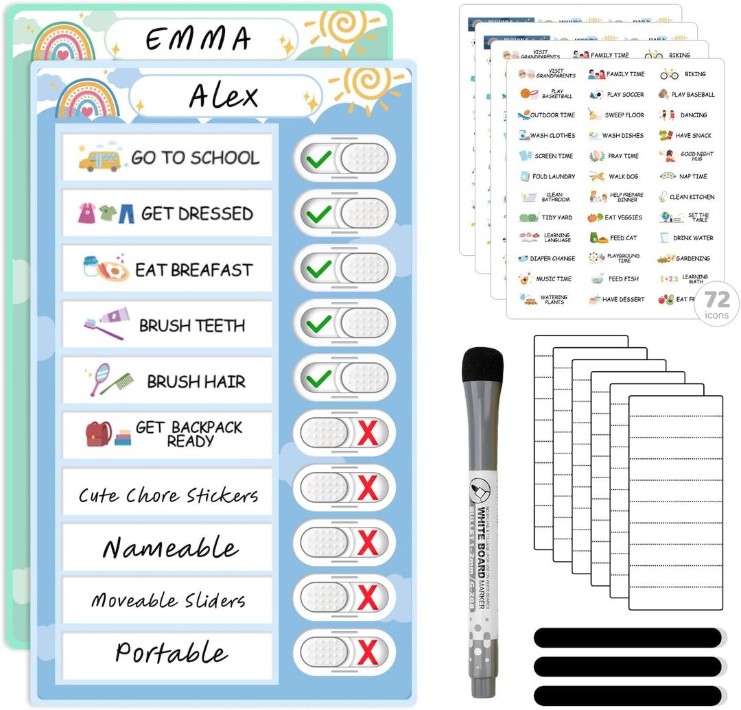 2 in 1 Namable Chore Chart for Kids, Dry Erase Morning/Bedtime Routine Chart for Kids for Refrigerator, Magnetic Visual Schedule for Kids Toddlers to Do List Checklist for Multiple Kids